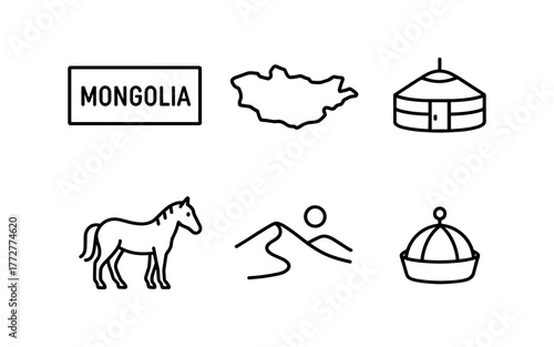 Mongolia icon set: outline style featuring map, yurt, horse, and landscape