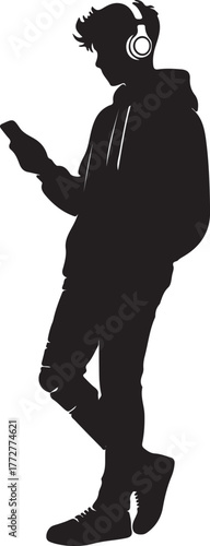 Silhouette of a Hooded Teenager Listening to Music on Headphones While Leaning and Texting on a Smartphone Device