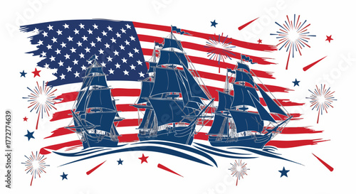 Patriotic illustration of historic tall ships on stylized waves before a distressed American flag