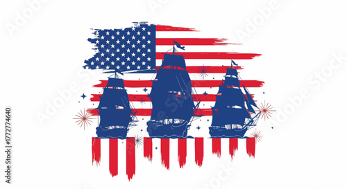 Patriotic illustration of tall ships sailing against a distressed American flag with fireworks. This graphic symbolizes American history and freedom