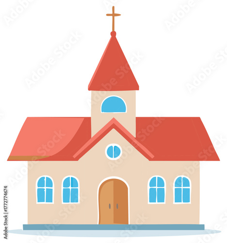 Cartoon Church Building with Red Roof and Cross