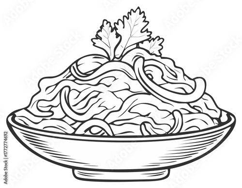 Line art illustration of a delicious bowl of Asian noodles topped with fresh herbs