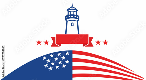 Patriotic red, white, and blue vector emblem featuring a stylized lighthouse icon and a waving American flag motif base
