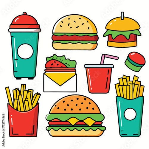 An illustration of various burger and fast-food items