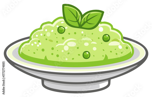 Cartoon Creamy Green Pea Puree with Basil Leaves on Serving Plate Delicious Food Illustration