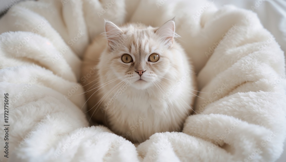 Obraz premium Feline resting on soft, fluffy white blankets