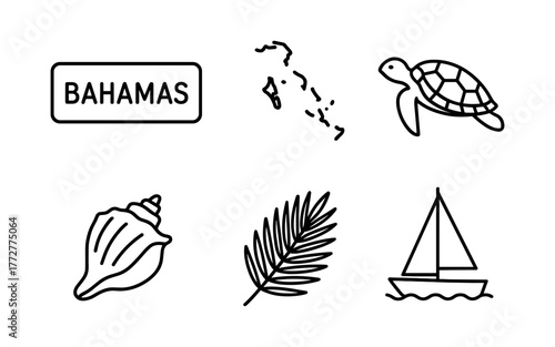 Minimalist line drawings of bahamas icons: turtle, map, shell, leaf, sailboat