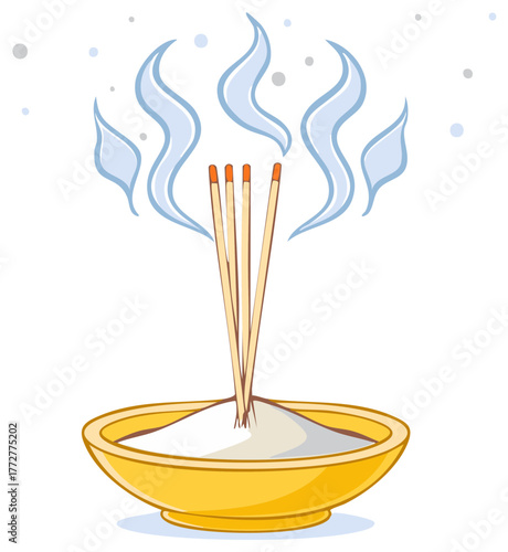 Burning aromatic incense sticks in a golden offering bowl with wafting smoke for meditation and prayer