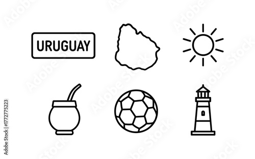 Uruguay icons: country map, sun, lighthouse, yerba mate, soccer ball in minimalist style