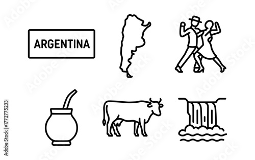 Icon set featuring argentina: culture, geography, and traditions in linear design