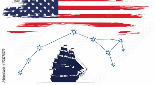 Patriotic vector illustration of a tall ship sailing under a grunge American flag. The Ursa Major constellation symbolizes guidance and discovery