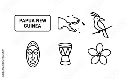 Papua new guinea symbols: culture, map, and wildlife in simple line art