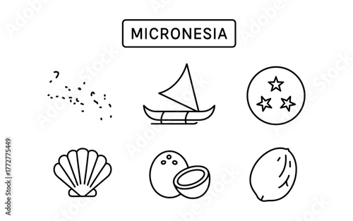 Micronesia icons: canoe, stars, islands, shell, coconut in minimal line art