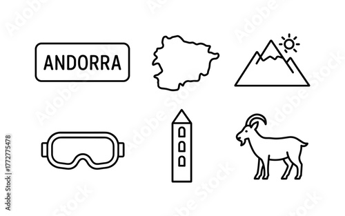 Minimalist icons of andorra: mountains, map, goggles, romanesque tower, goat
