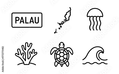 Minimalist icons: palau map, nature, and ocean life symbols in linear design