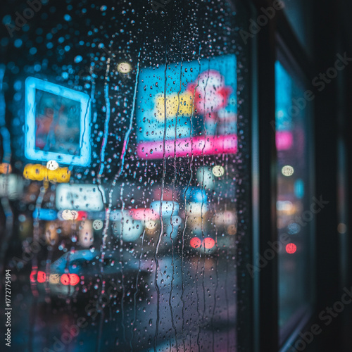 Rainy City Night Through a Window with Neon Lights