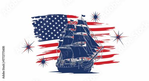 Stylized blue sailing ship on a grunge American flag background with starbursts. A patriotic vector illustration evoking history and national pride
