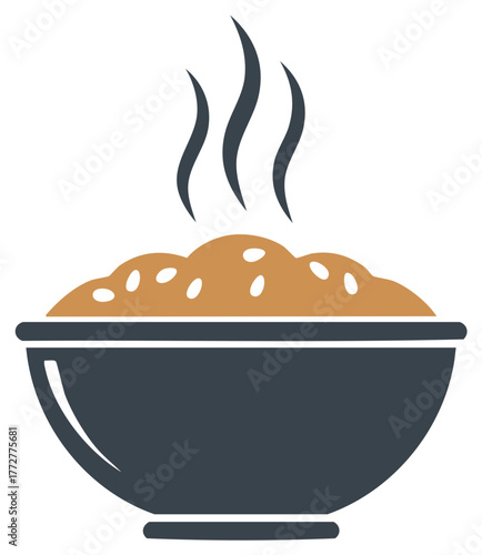 Hot Bowl of Cereal or Oatmeal with Steam Graphic Illustration in Dark Blue Bowl