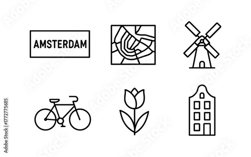 Linear icons of amsterdam: bicycle, windmill, canal map, and tulip