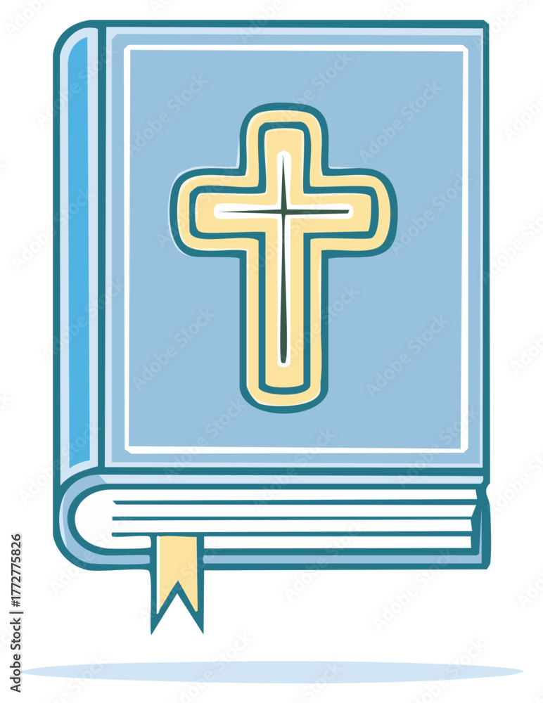 Obraz premium Cartoon Book Illustration with Cross Symbol Icon, Religious Christian Reading Material with Ribbon, Christian Symbolism