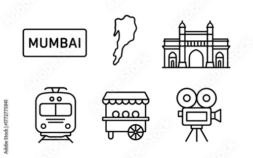 Mumbai icons: gateway, train, street food cart, film camera in linear style