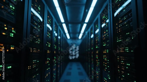4K Video of a data center server room with rows of illuminated racks, representing technology and innovation