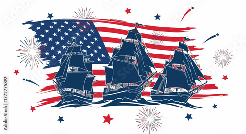 Stylized vector illustration of tall ships sailing against an American flag background with fireworks and stars