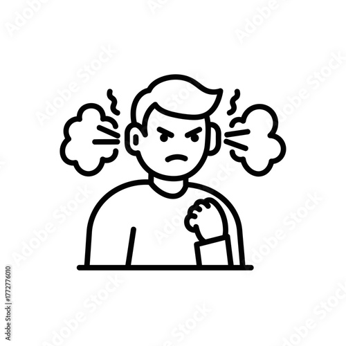 Angry man with steam coming out of ears line icon.