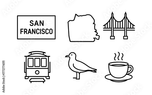 San francisco line art icons: golden gate, cable car, coffee, and more