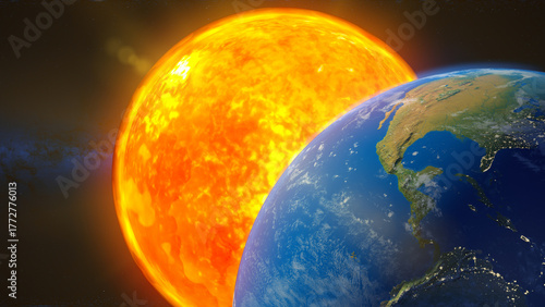 Fototapeta Naklejka Na Ścianę i Meble -  3D illustration of planet Earth and the Sun in outer space with visible continents and atmosphere. 3D rendering. Elements of this image courtesy of NASA.