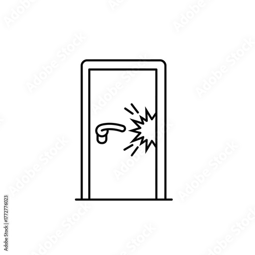 Broken door with handle shows damage and destruction concept.