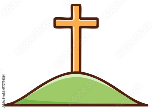 Simple cartoon Christian cross on a green hill representing faith and spirituality