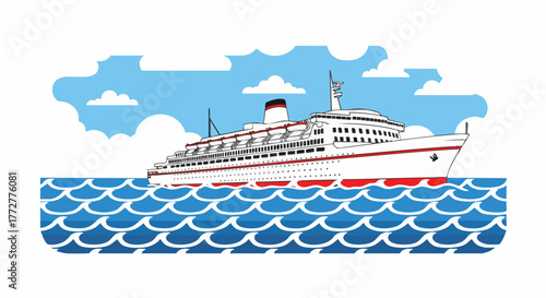 Vector illustration of a classic white and red cruise liner sailing on vibrant blue patterned ocean waves under a light blue sky with white clouds