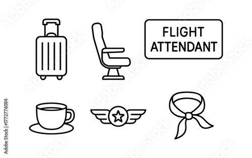 Minimalist air travel icons: luggage, seat, flight attendant badge, cup, wings, scarf