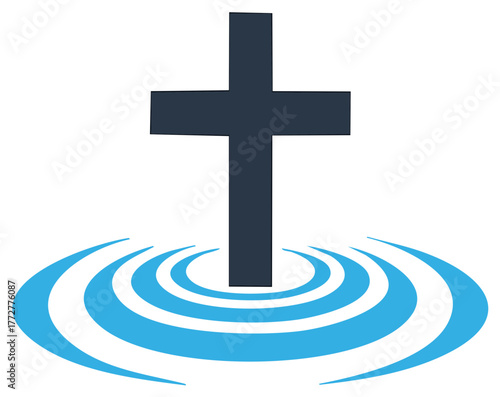 Christian Cross Symbol in Water with Ripples Representing Baptism and Salvation