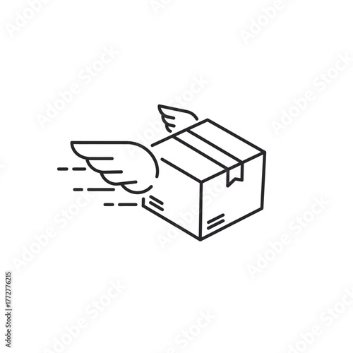 Flying package delivery service concept with wings and speed lines.