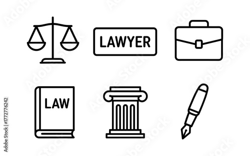 Minimalist legal icons set with scales, briefcase, and law book