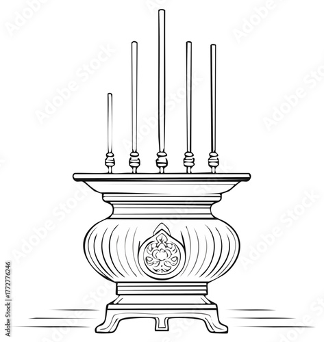 Black and white outline drawing of a traditional ornate incense burner with sticks for prayer and spirituality