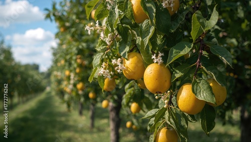 Golden Lorraine Mirabelle Plums Growing in a Fruit Orchard, Prunus Domestica Variety