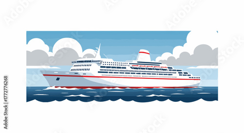 Vector illustration of a large white passenger cruise ship sailing on deep blue ocean waves under a bright sky with clouds