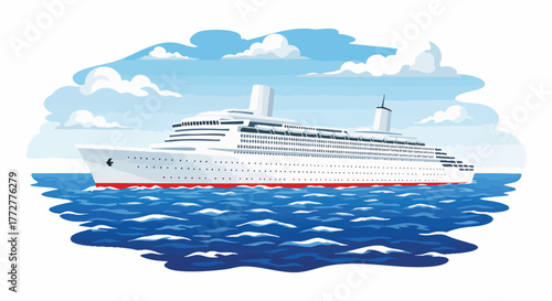 Vector illustration of a massive ocean cruise liner navigating bright blue sea waves under a sunny sky