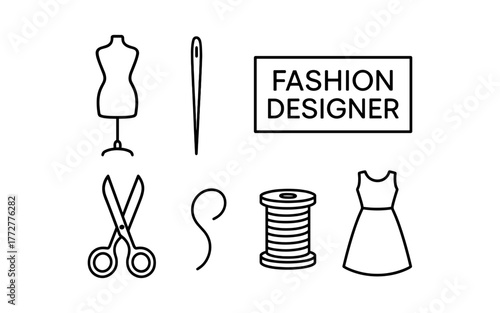 Fashion designer icons: dressform, scissors, needle, thread, spool, fashion dress in linear style
