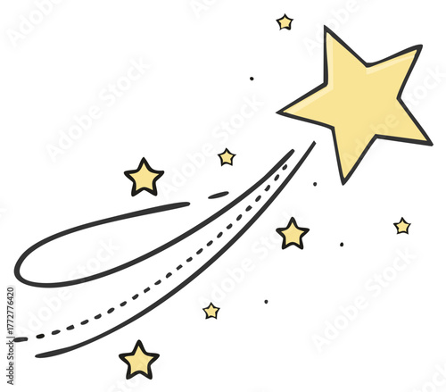 Cute hand-drawn shooting star with trail, celestial cartoon object in the sky, fairytale magic and dreams concept, vector illustration