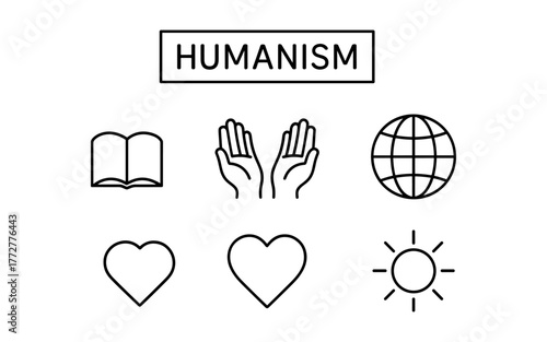 Humanism symbols: book, hands, globe, hearts, sun in linear style