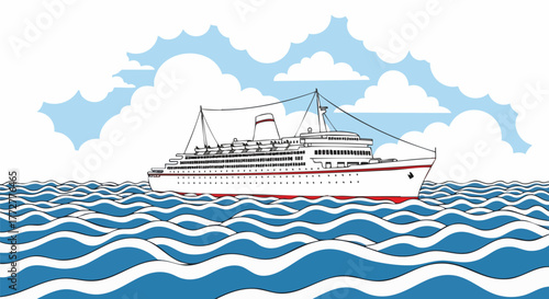 Vibrant cartoon illustration of a large white cruise ship sailing on stylized blue waves under a bright sky with fluffy clouds
