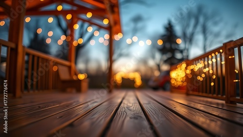 medinah. Wooden deck bathed in warm dusk light, creating a serene outdoor atmosphere with softly blurred surroundings. travel magazines.