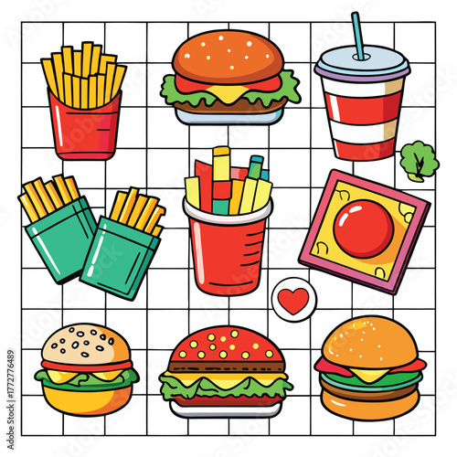 An illustration of various burger and fast-food items