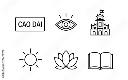 Cao dai religion symbols in linear design: eye, temple, sun, lotus, and book