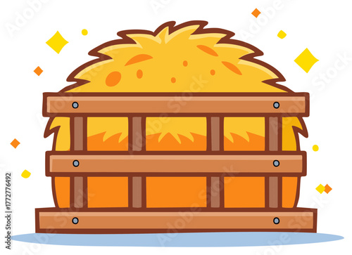 Cartoon hay bale in wooden enclosure with sparkling lights