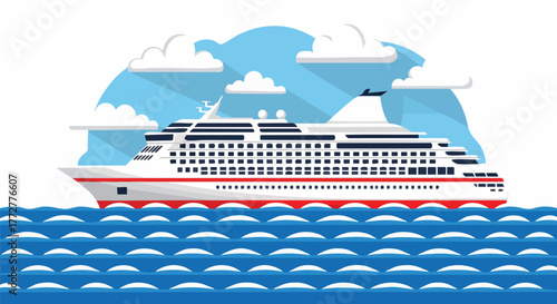 Vibrant flat design illustration of a white cruise ship sailing on the blue ocean under a cloudy sky